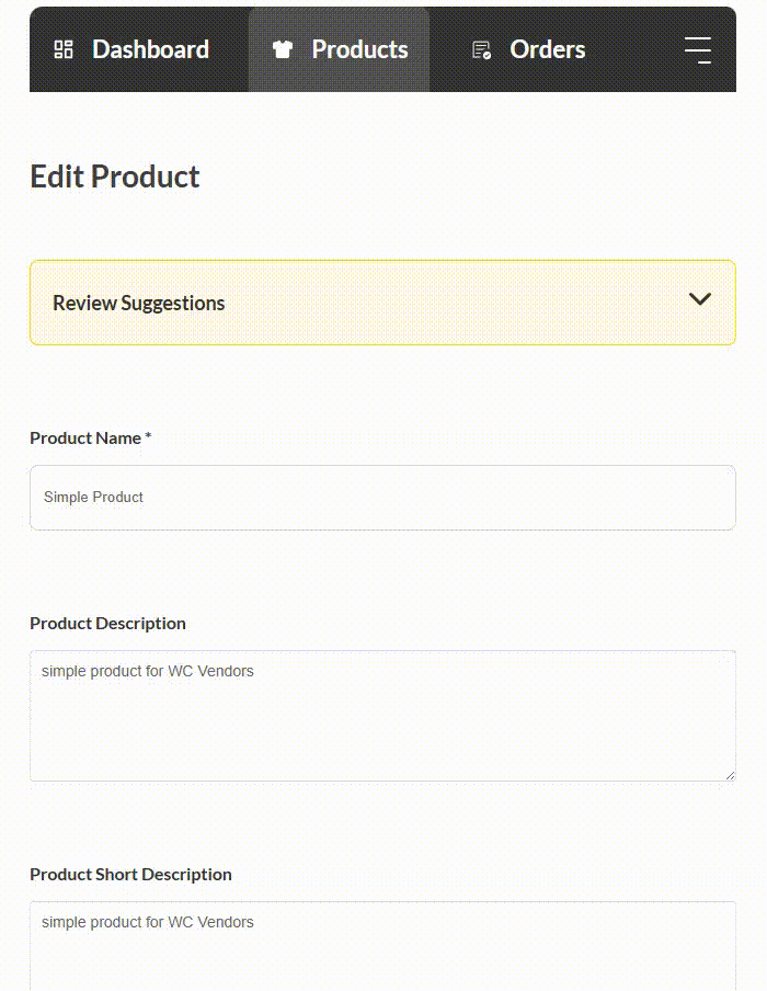 Review Suggestions panel-storeagent – StoreAgent WC Vendors vendor dashboard product editor showing a collapsible Review Suggestions panel