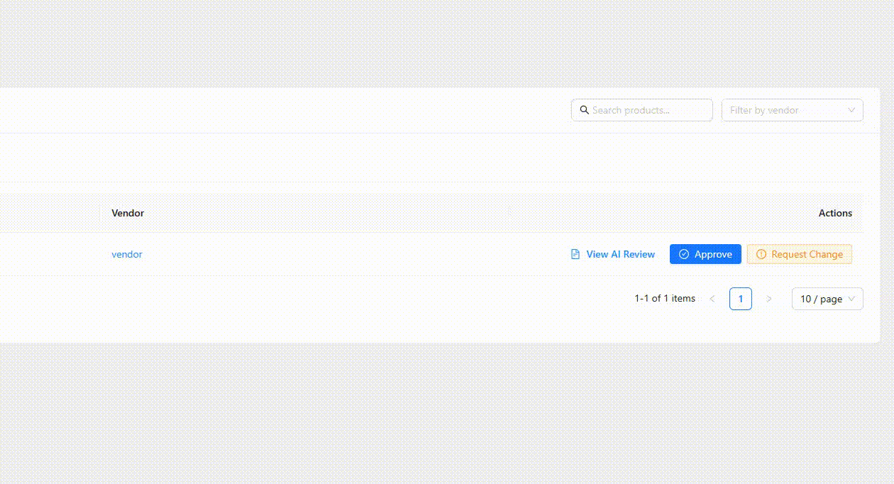 Send AI suggestions with your change request-storeagent – StoreAgent WC Vendors Products dashboard showing the Request Change action with vendor filter options