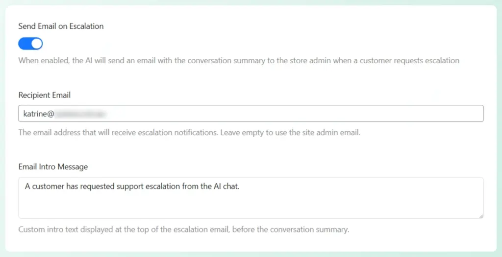 Settings: toggle to send escalation emails, with recipient address and intro message field.