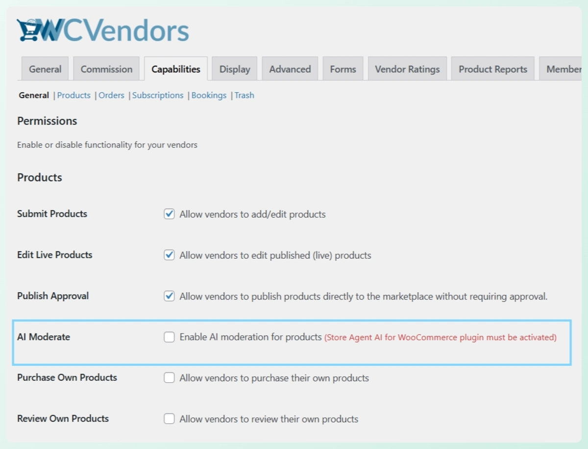 ai moderate-storeagent – StoreAgent WC Vendors showing a requirement message beside AI Moderate when StoreAgent is not yet activated