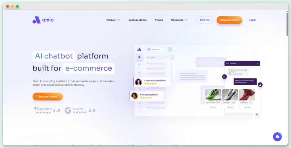 Amio AI platform interface for ecommerce customer service automation and support ticket management.