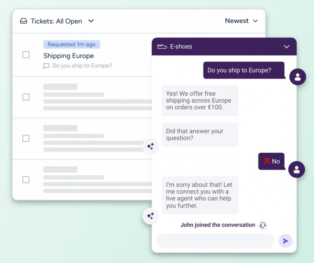 UI mockup of a support dashboard: left column lists 'Shipping Europe' tickets, right shows a purple chat window asking 'Do you ship to Europe?' with reply messages and 'John joined the conversation' note.