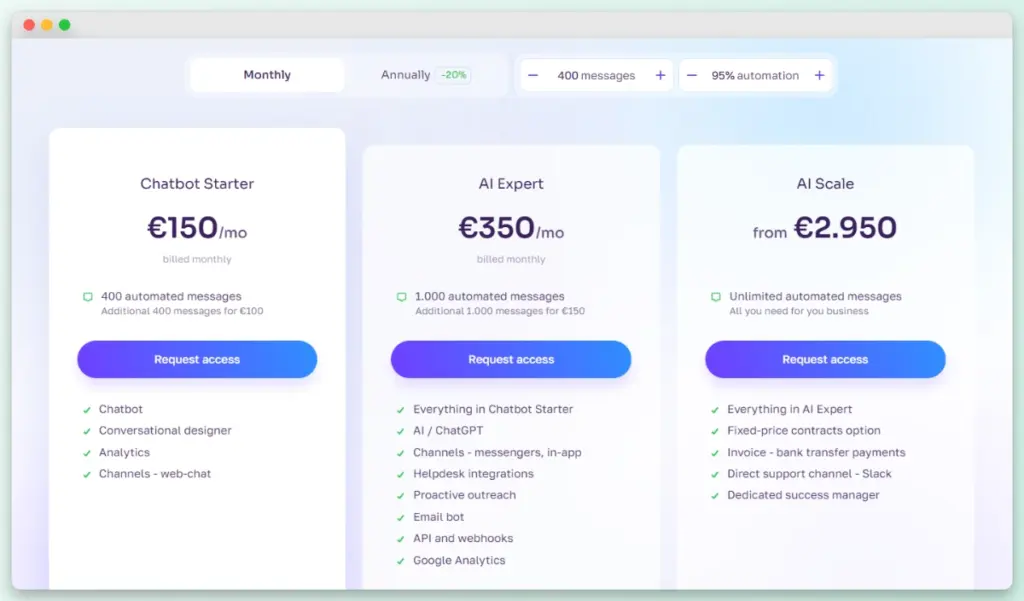 Amio pricing plans highlighting the AI Expert tier starting at 350 Euros per month