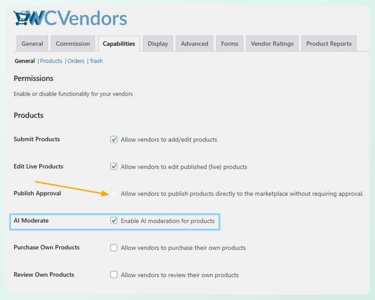 enable ai product moderation-storeagent – StoreAgent Enable AI Moderate in WC Vendors Capabilities settings