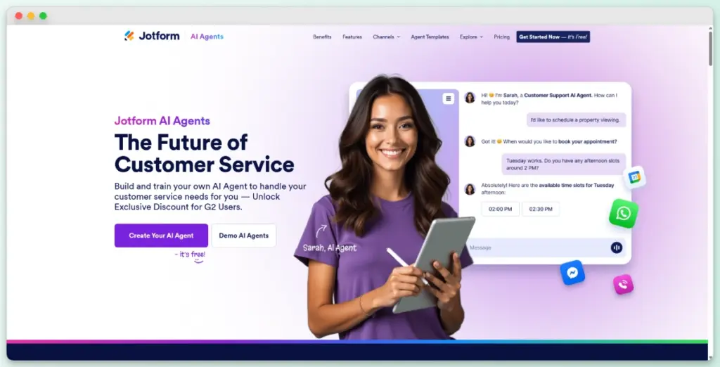Jotform AI Chatbot builder showing no-code drag-and-drop tools for creating custom conversation flows