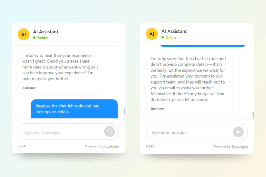 Two AI Assistant chat windows: online status, with sample messages and input field showing 'Type your message...'