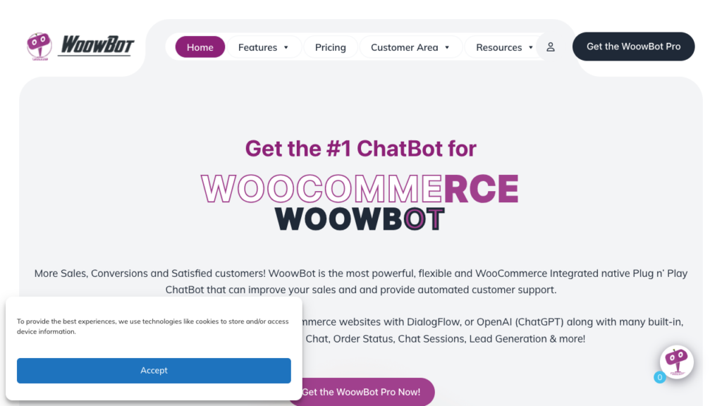 WoowBot Pro WooCommerce chatbot homepage