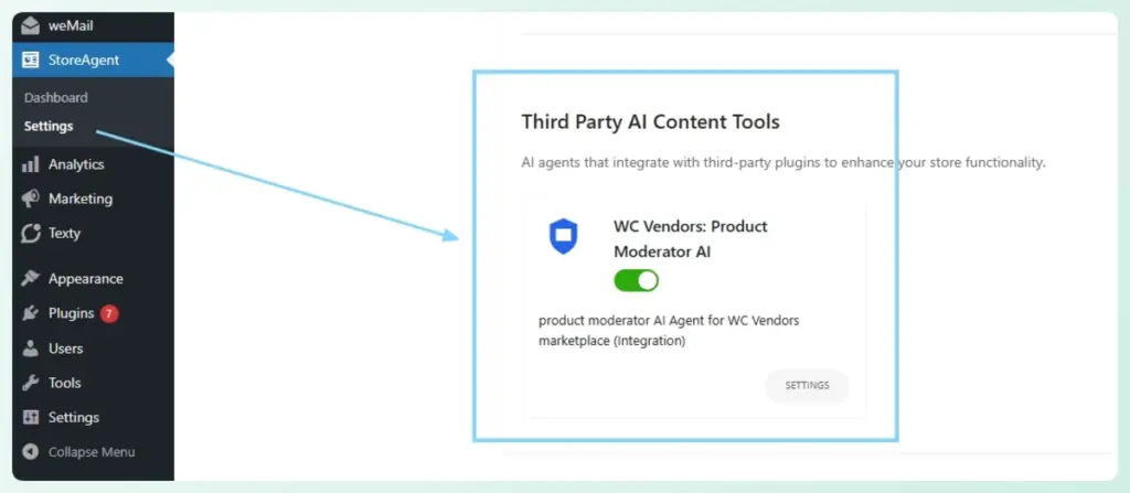 wc vendors-product moderation ai-storeagent – StoreAgent Enable the WC Vendors Product Moderator AI under Third Party AI Content Tools in StoreAgent