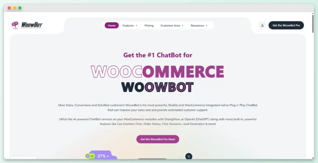 WoowBot WooCommerce chatbot interface showing basic product search results on a storefront