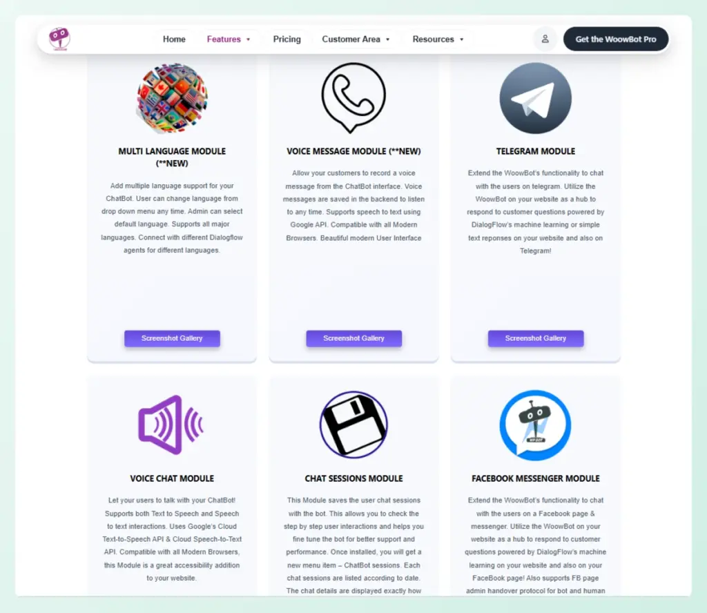 WoowBot Pro features menu showing options for exit intent and conversational forms