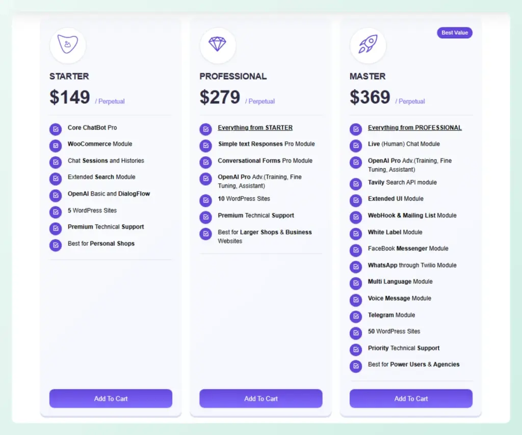 WoowBot Pro pricing plans showing one-time purchase options for Starter Professional and Master tiers
