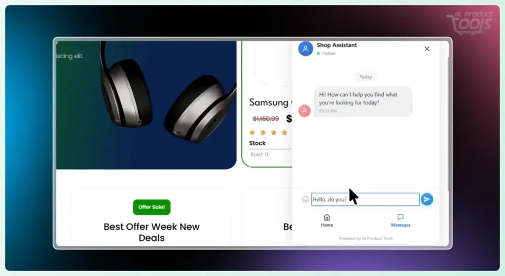 AI Product Tools Shop Assistant chatbot answering a product recommendation query on a WooCommerce store