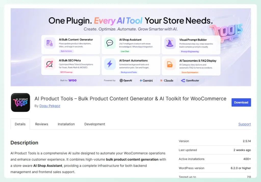 Promotional banner for AI Product Tools showing six feature tiles (Content Generator, Shop Assistant, Visual Prompt Builder, SEO Meta, Automations, Taxonomies & FAQs) with the slogan “One Plugin. Every AI Tool Your Store Needs.”