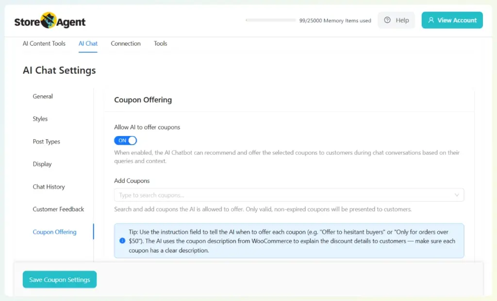 StoreAgent dashboard sidebar with the Coupon Offering tab selected under AI Chat settings.