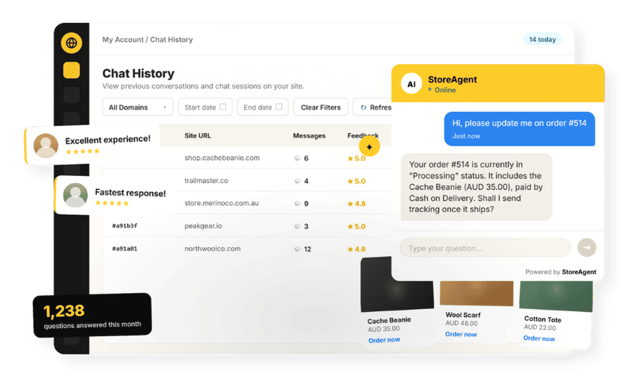 How StoreAgent Works_ai chatbot – StoreAgent Chat support dashboard showing Chat History list, a yellow StoreAgent panel with online status, and product cards at bottom.