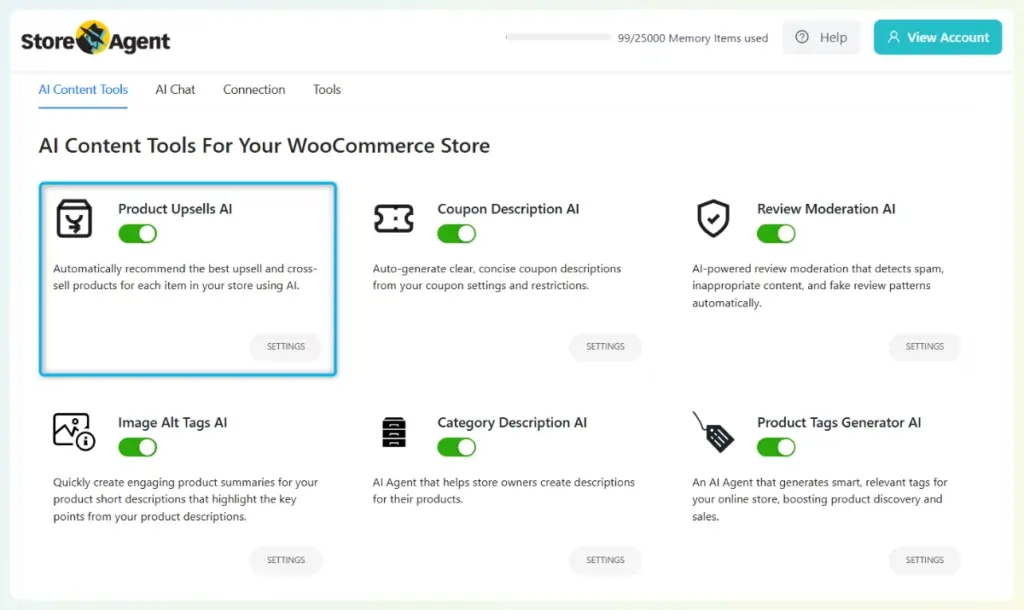 StoreAgent dashboard showing the Product Upsells AI tool card with an active toggle switch and settings button.