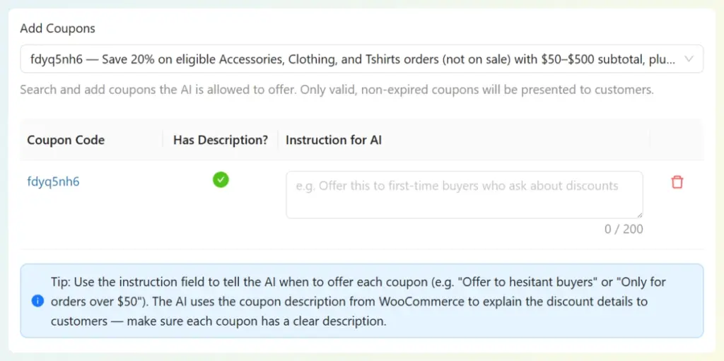 Interface for adding specific WooCommerce coupons and providing instructions for the AI chatbot.