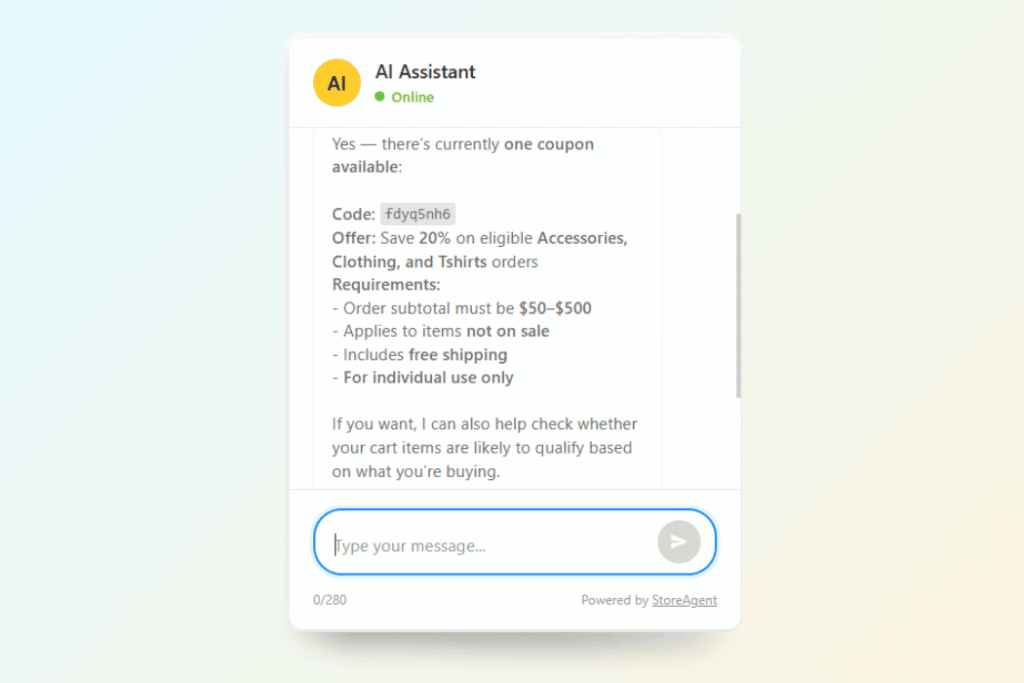 AI Assistant chat window displaying a 20% discount code and order requirements to a customer.