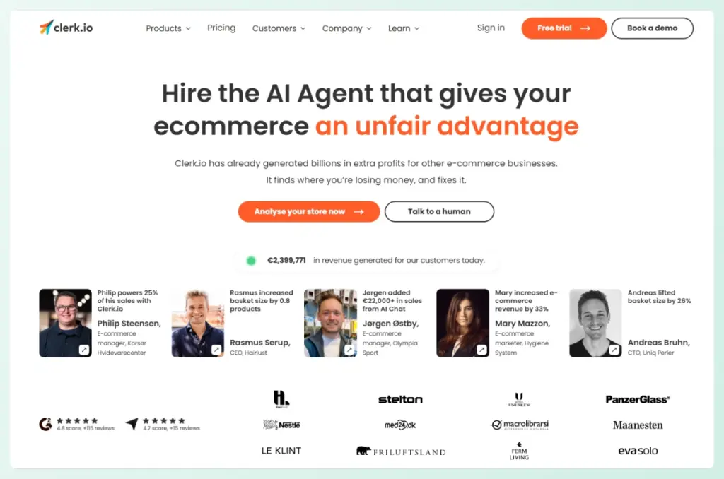 Clerk.io homepage hero: bold headline about an AI agent giving ecommerce an unfair advantage with two orange and outlined call-to-action buttons.