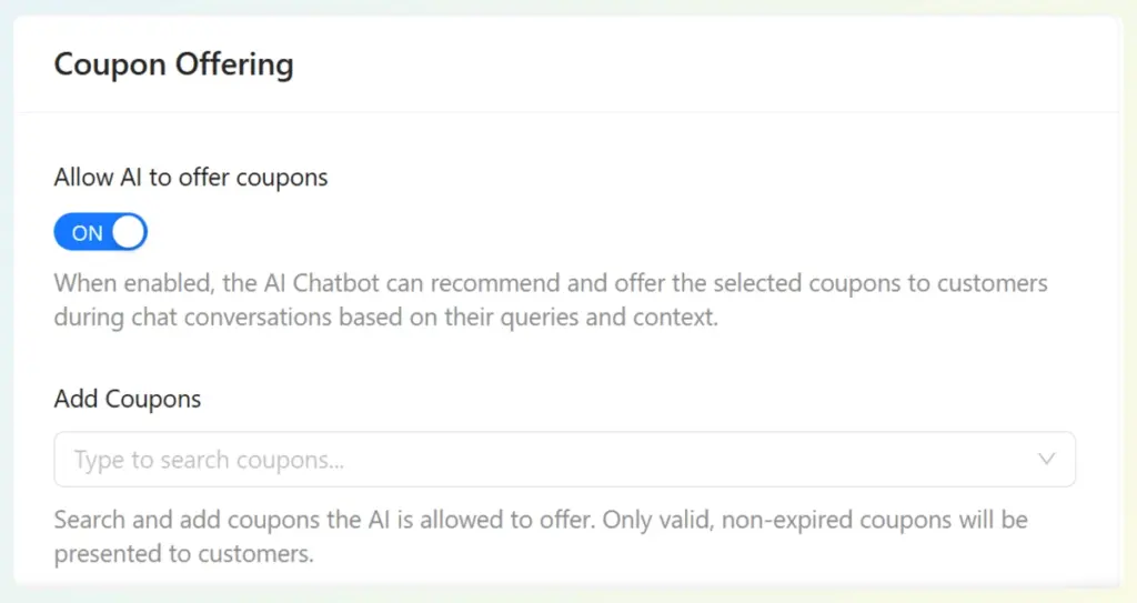 StoreAgent AI Chat settings panel showing the toggle to allow AI to offer coupons in WooCommerce.
