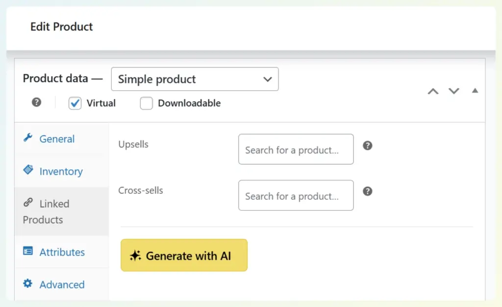 WooCommerce edit product screen showing the Linked Products tab with a yellow Generate with AI button.