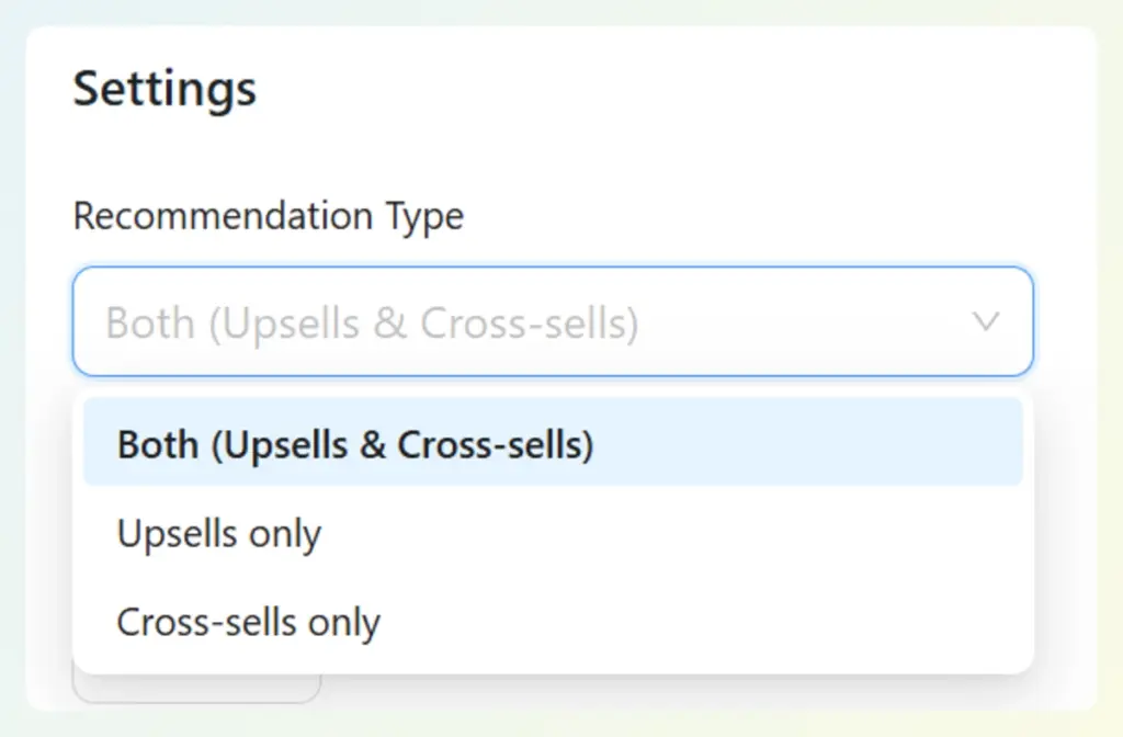 Dropdown menu for Recommendation Type in StoreAgent with options for both upsells and cross-sells selected.