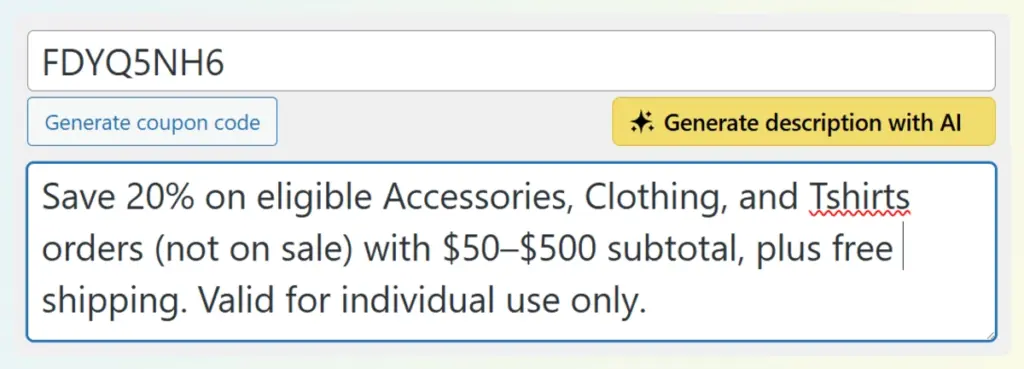WooCommerce coupon description field with AI-generated text explaining a 20% discount and free shipping.