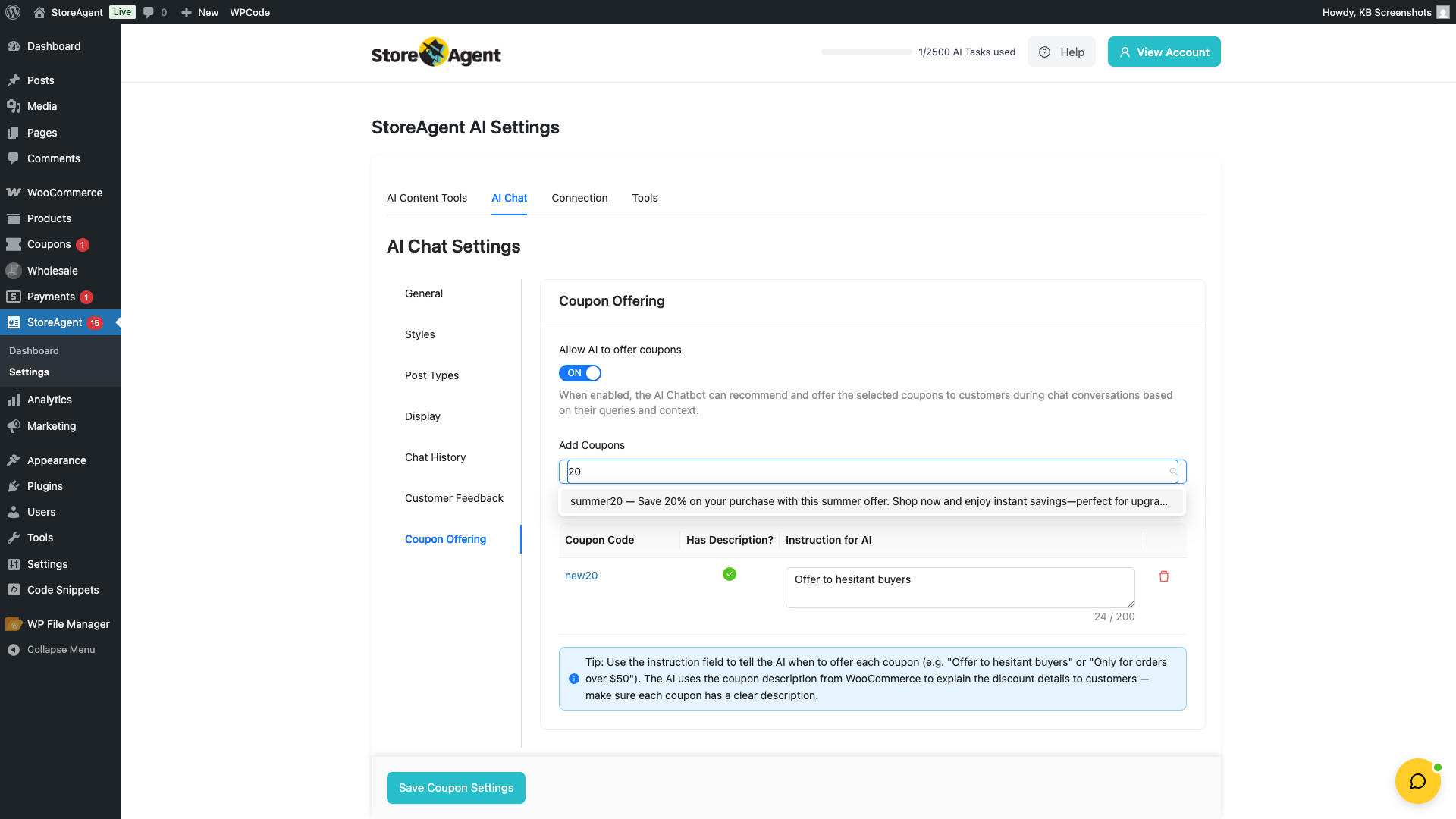 storeagent-chat-coupon-add-search – StoreAgent Add Coupons search field with the dropdown open showing a matching coupon code and description