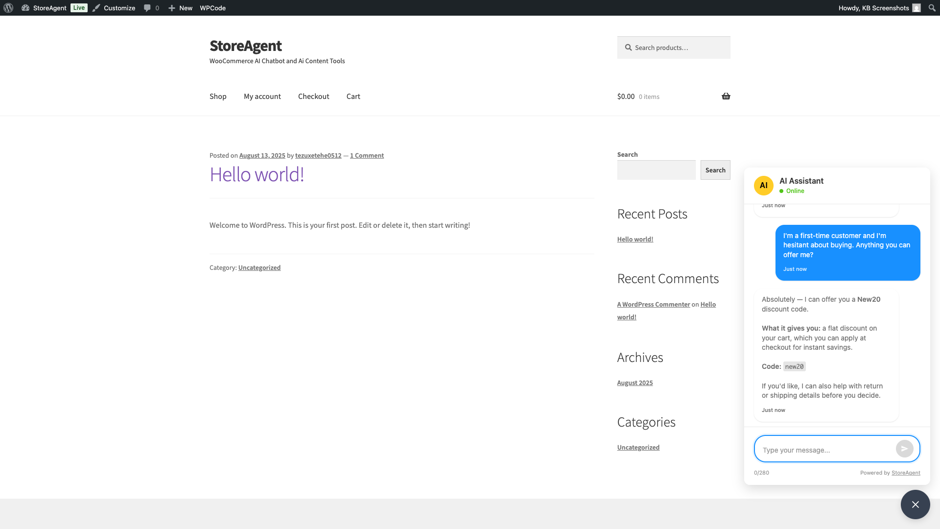 storeagent-chat-coupon-customer-view – StoreAgent Storefront chat widget showing the AI Assistant offering the NEW20 coupon code in response to a hesitant first-time customer message