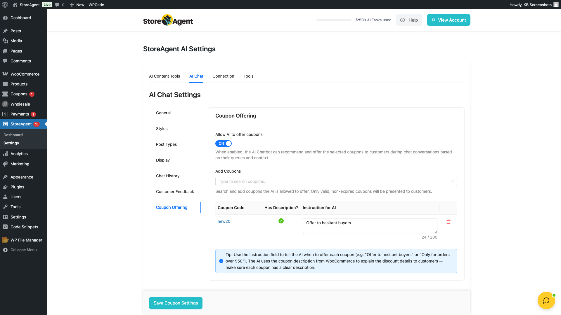 storeagent-chat-coupon-offering-tab – StoreAgent StoreAgent AI Chat settings with the Coupon Offering tab active and the Allow AI to offer coupons toggle on