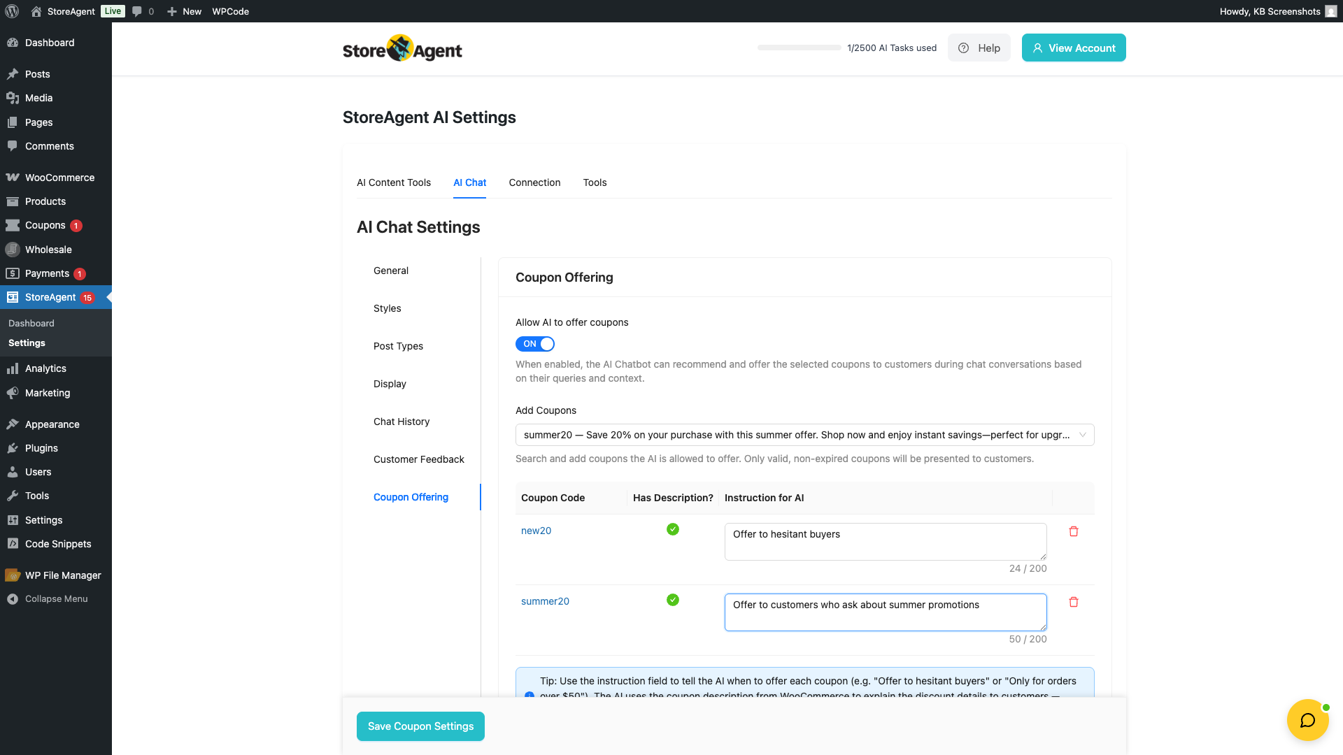 storeagent-chat-coupon-table – StoreAgent Coupon Offering table with two rows showing coupon codes, green-tick Has Description indicators, and example instructions in the Instruction for AI column