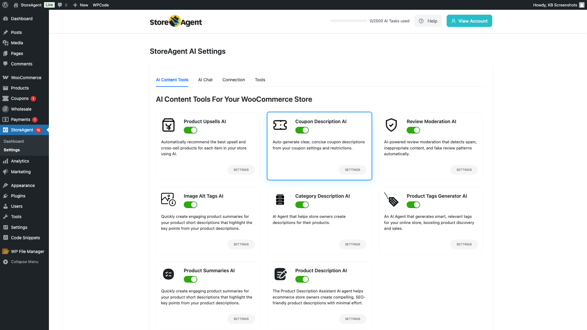 storeagent-coupon-description-agents-page – StoreAgent StoreAgent AI Agents page with the Coupon Description AI card highlighted and its toggle on