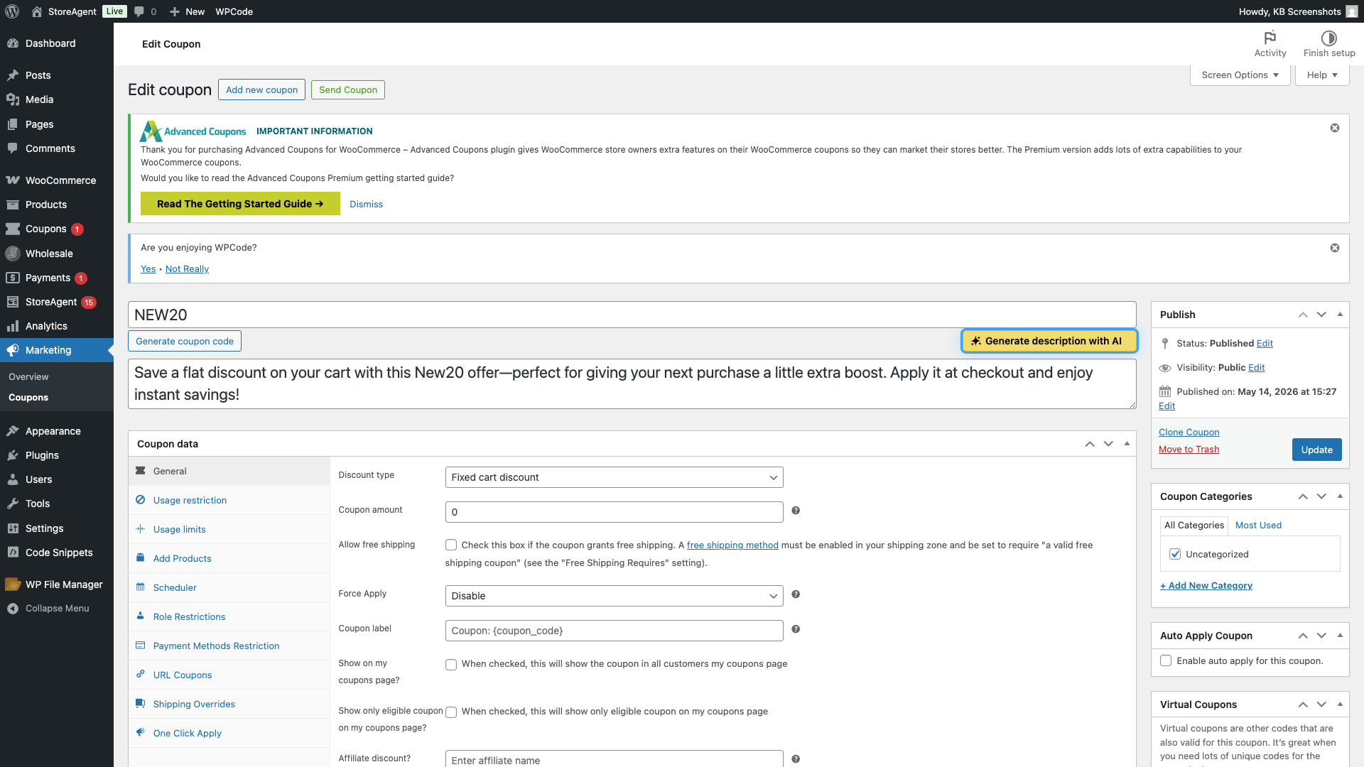 storeagent-coupon-description-button – StoreAgent WooCommerce coupon edit screen with the Generate description with AI button visible above the coupon description field