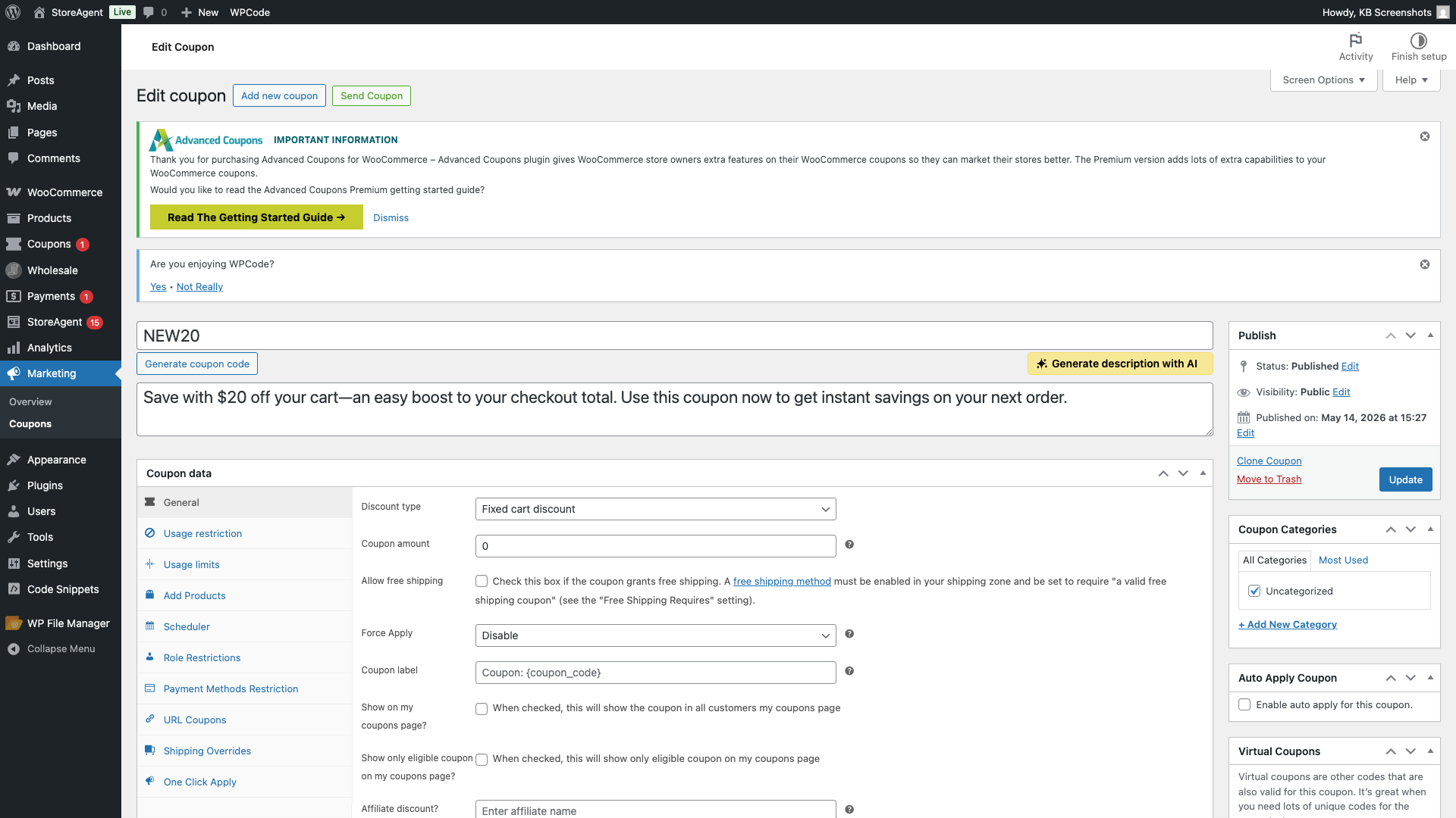 storeagent-coupon-description-generated – StoreAgent Coupon edit screen with the Description field populated by AI-generated text