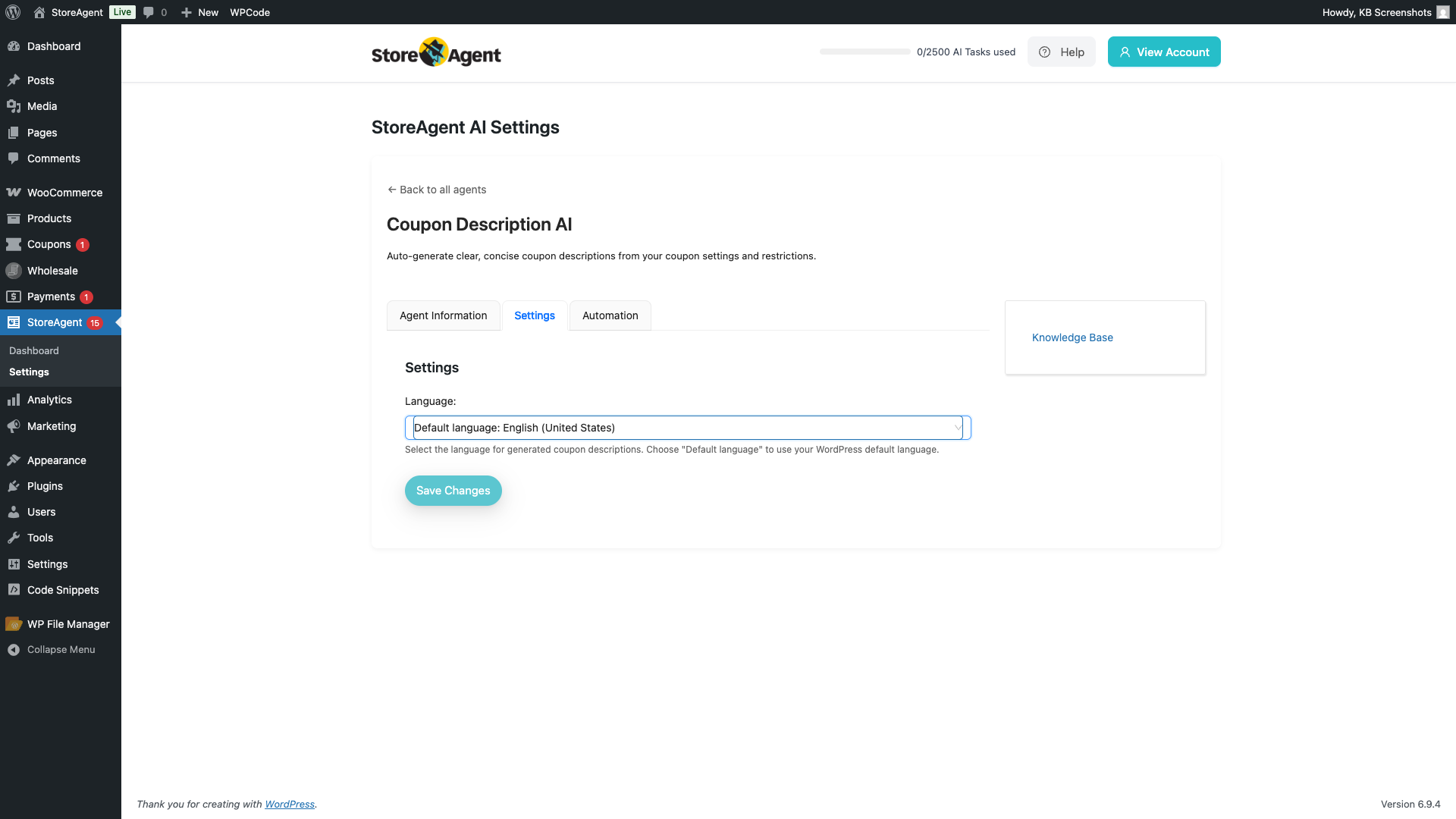 storeagent-coupon-description-settings – StoreAgent Coupon Description AI settings page showing the Language dropdown set to Default language and the Save Changes button