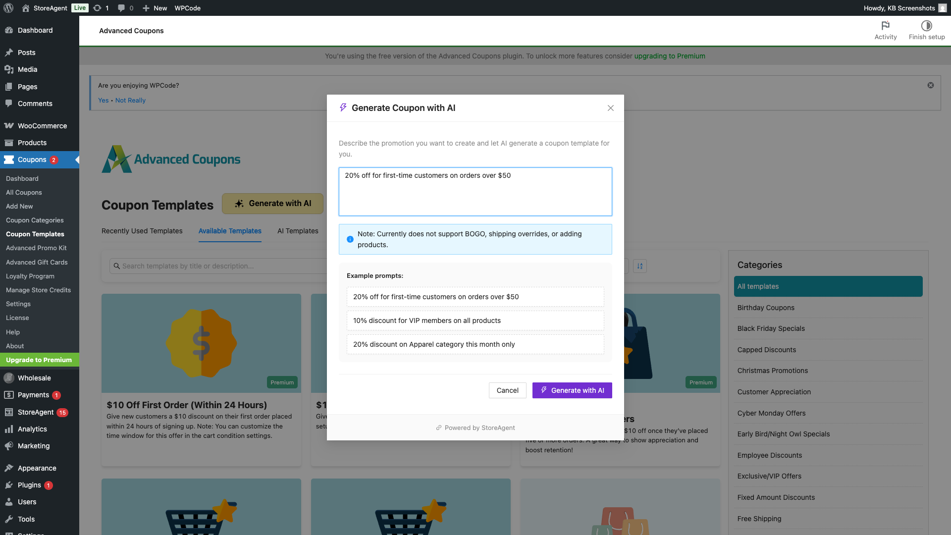 storeagent-coupon-generator-modal – StoreAgent Generate Coupon with AI modal showing a prompt typed in the textarea, the BOGO/shipping/products limitations notice, example prompts, and the Generate with AI button