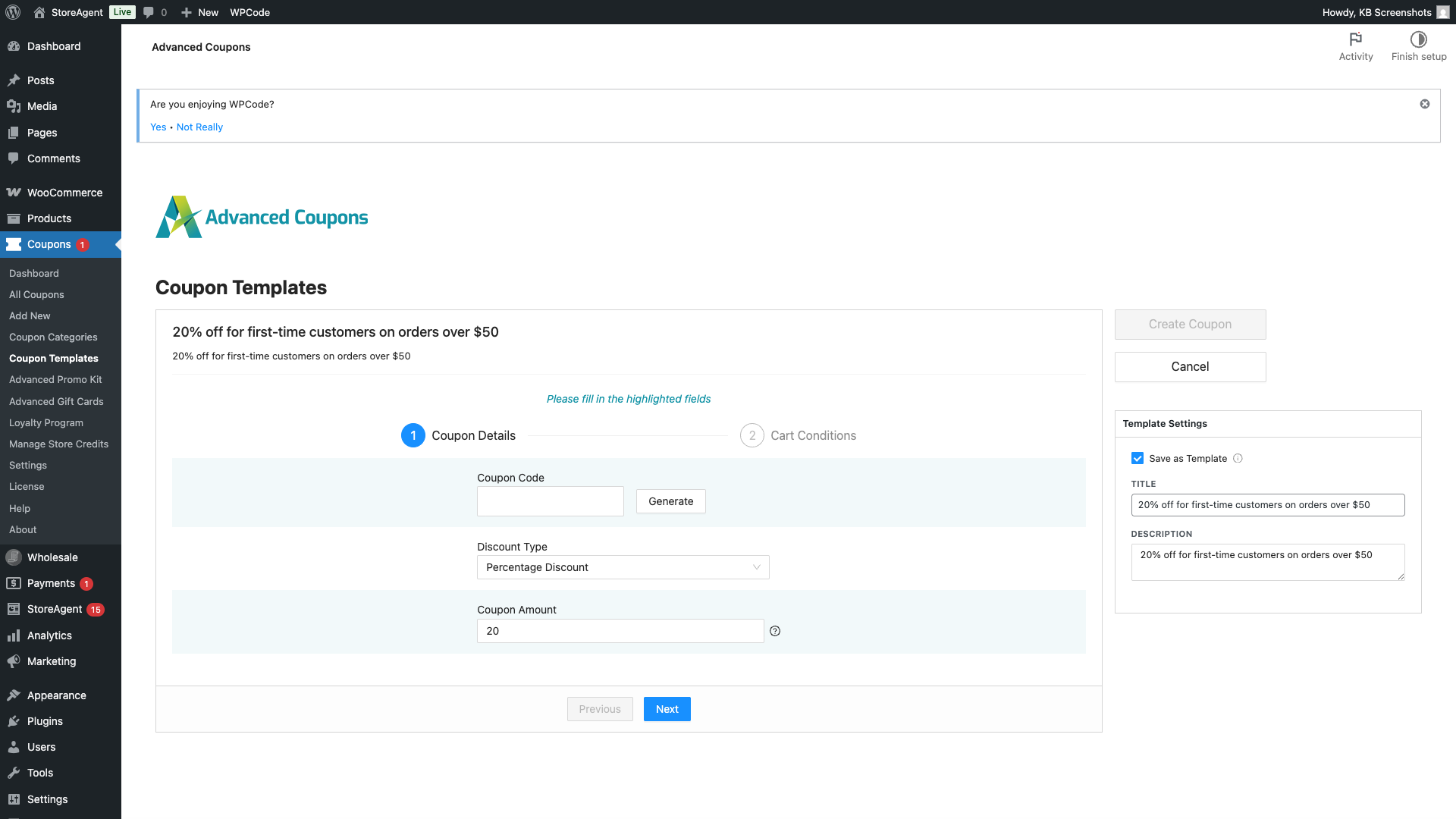 storeagent-coupon-generator-save-as-template-dialog – StoreAgent Coupon template editor with the Template Settings panel on the right — Save as Template checkbox enabled, Title and Description fields pre-filled from the AI generation