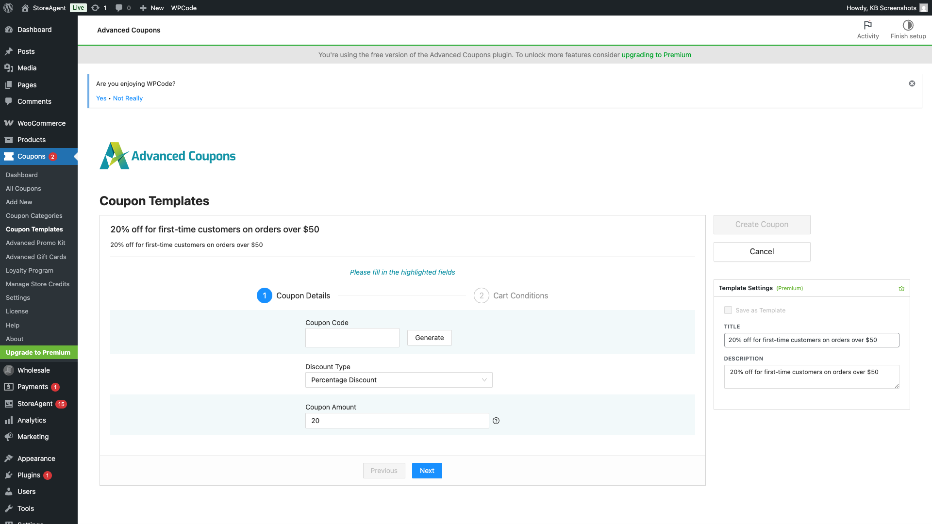 storeagent-coupon-generator-template-editor – StoreAgent Coupon template editor showing fields pre-filled from the AI generation — title, Discount Type set to Percentage Discount, Coupon Amount of 20, and the Template Settings panel on the right