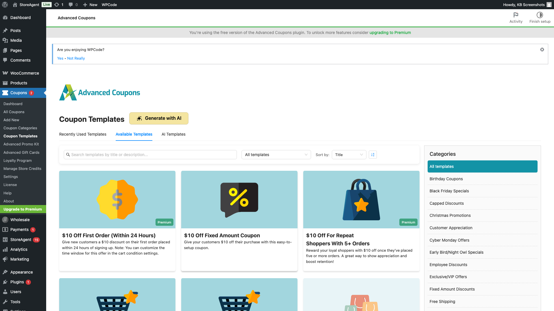 storeagent-coupon-generator-templates-page – StoreAgent Coupon Templates page in Advanced Coupons with the Generate with AI button highlighted at the top of the templates grid