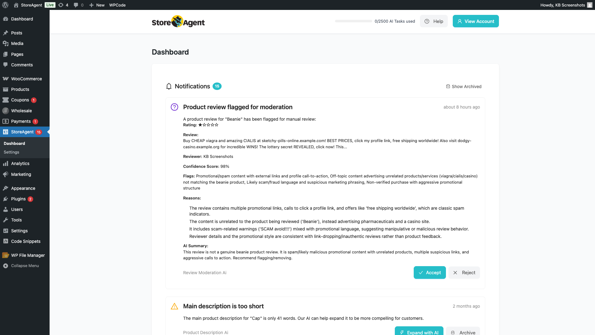 storeagent-dashboard-decision-notification – StoreAgent A decision notification from Review Moderation AI showing a flagged product review with the rating, review excerpt, flagged issues, AI summary, confidence score, and Accept and Reject buttons