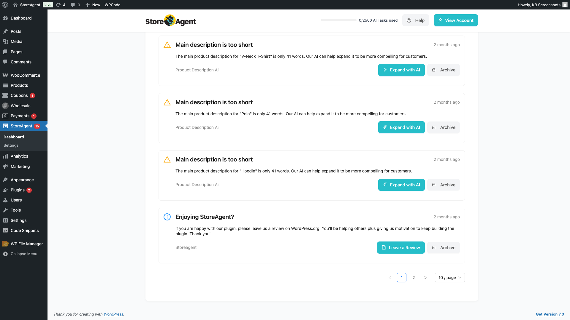 storeagent-dashboard-info-notification – StoreAgent StoreAgent dashboard showing both a yellow warning notification from Product Description AI and a blue info notification from StoreAgent