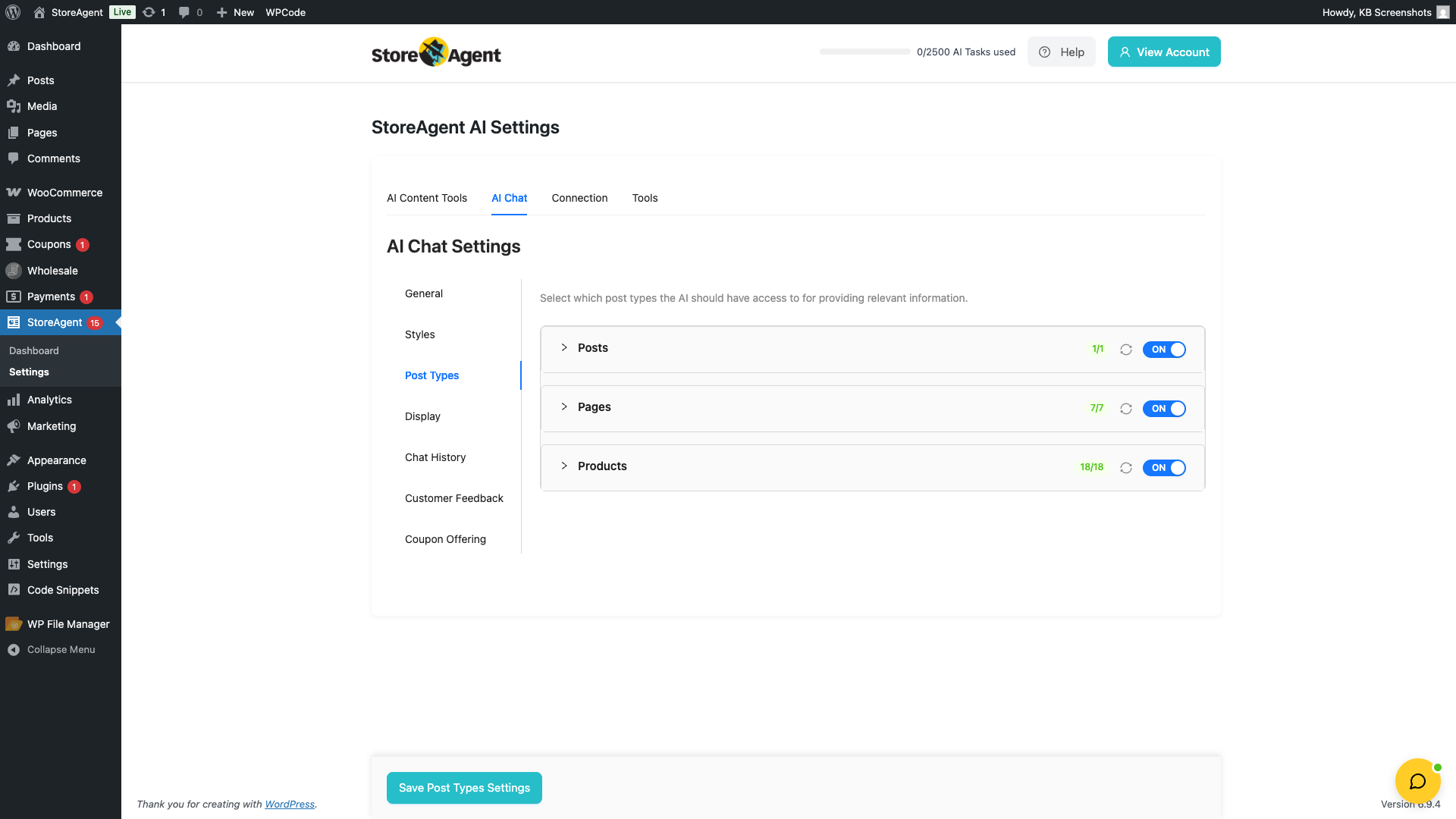 storeagent-getting-started-ai-chat-post-types – StoreAgent StoreAgent → Settings → AI Chat → Post Types tab with the Products toggle ON