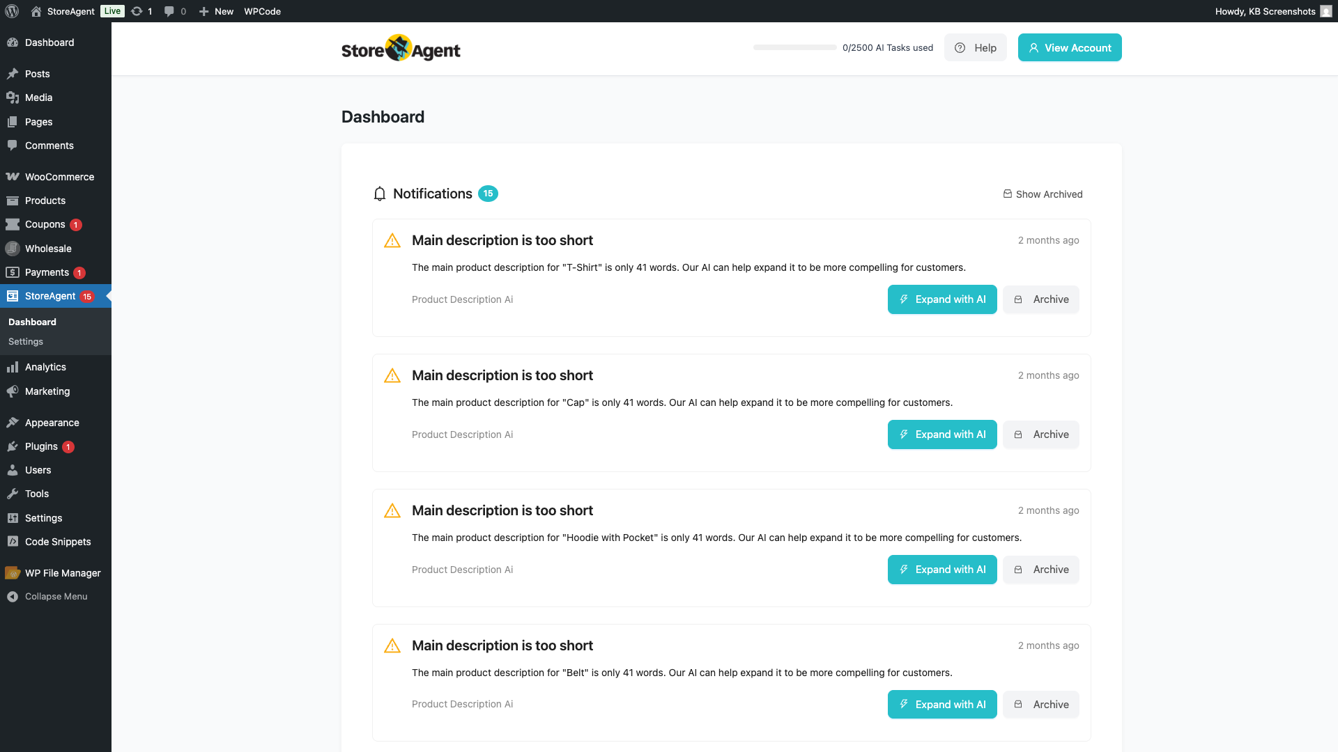storeagent-getting-started-ai-insights-dashboard – StoreAgent StoreAgent dashboard showing the Notifications panel with a count badge and a list of notification items