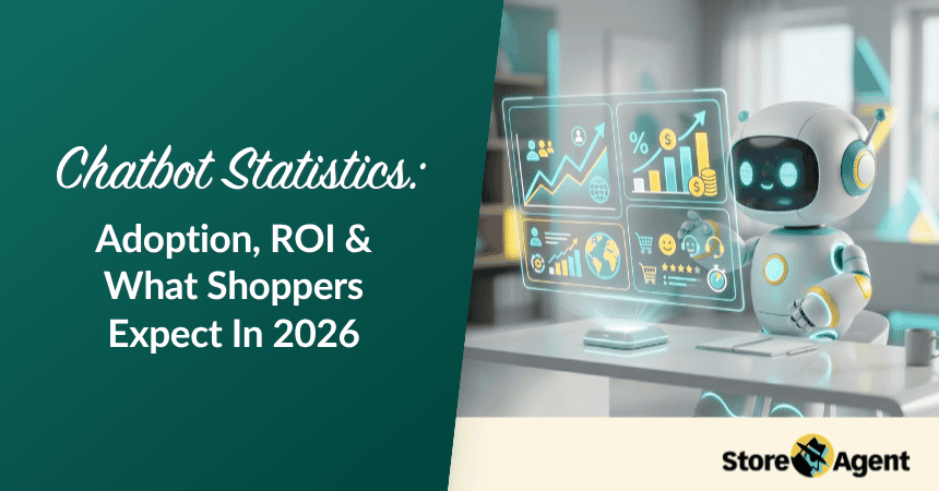 Robot with holographic charts on a desk beside a teal banner reading 'Chatbot Statistics: Adoption, ROI & What Shoppers Expect In 2026'.