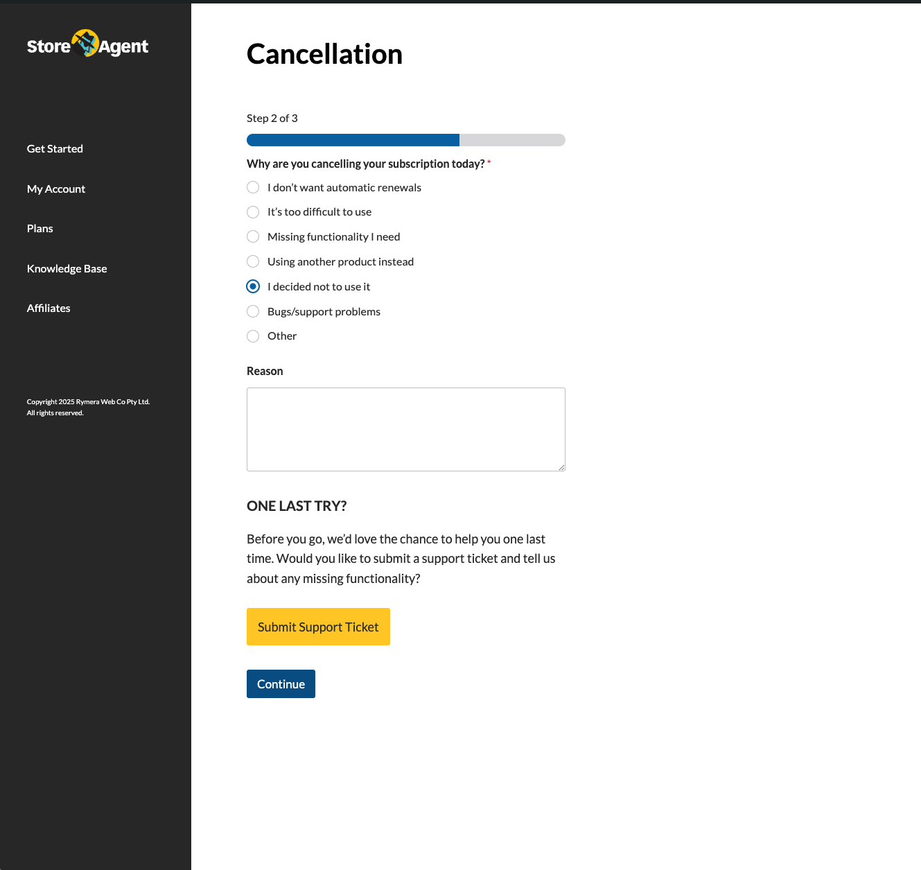 The cancellation funnel Step 2, "Why are you cancelling your subscription today?", with the reason options and Continue button