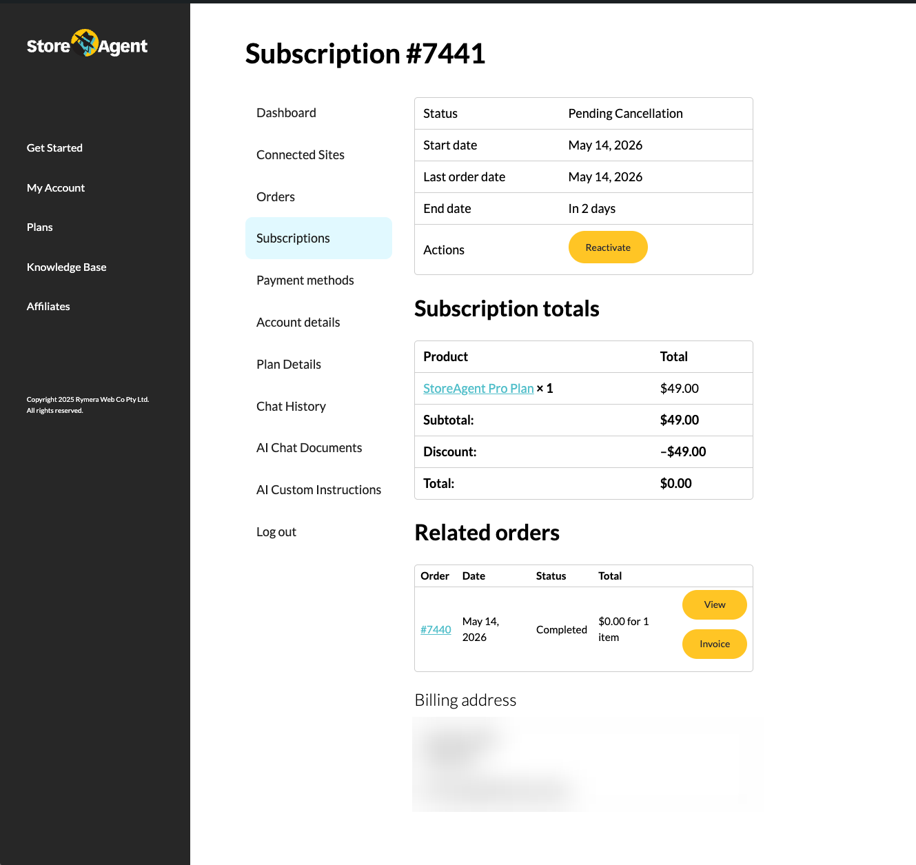 The subscription showing the Pending Cancellation status, the End date, and the Reactivate button in the Actions row