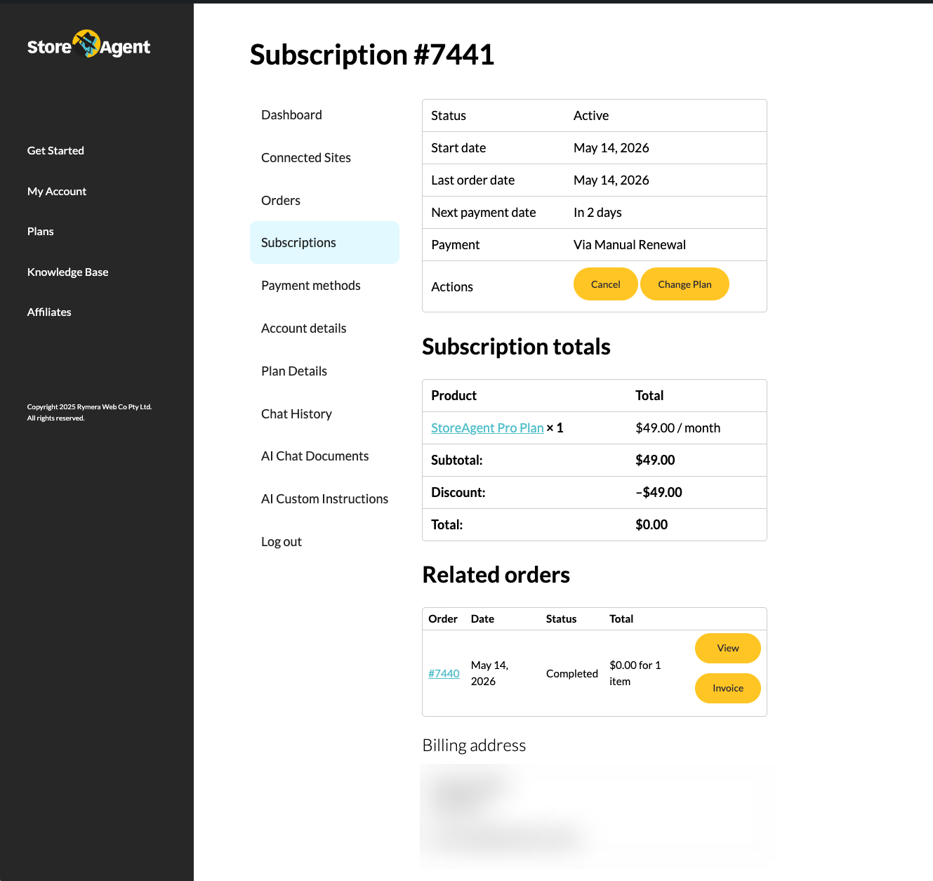 The subscription detail page in app.storeagent.ai showing the Status as Active and the Cancel button in the Actions row