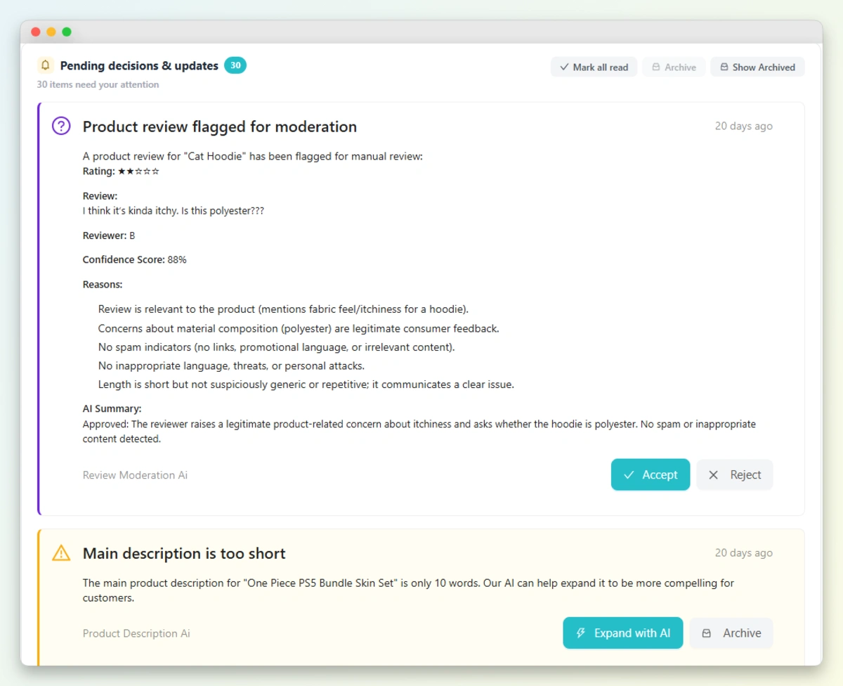 StoreAgent Pending decisions and updates center showing a flagged review and a content suggestion with Accept and Reject actions.