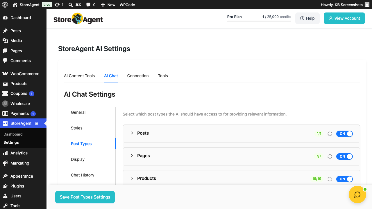 storeagent-ai-chat-post-types-overview – StoreAgent StoreAgent → Settings → AI Chat → Post Types tab showing Posts, Pages, and Products panels with their enable toggles and indexing fractions