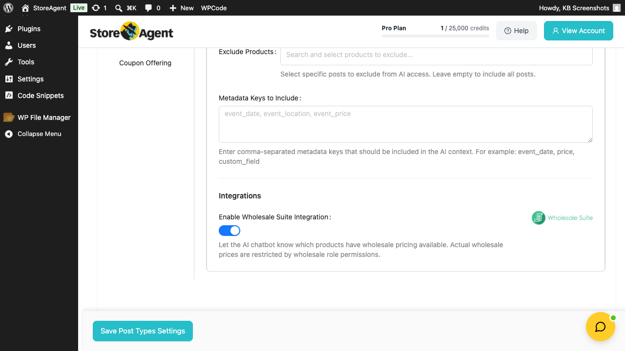storeagent-ai-chat-post-types-wholesale-toggle – StoreAgent AI Chat Settings → Post Types → Products panel showing the Integrations section with the Enable Wholesale Suite Integration toggle on